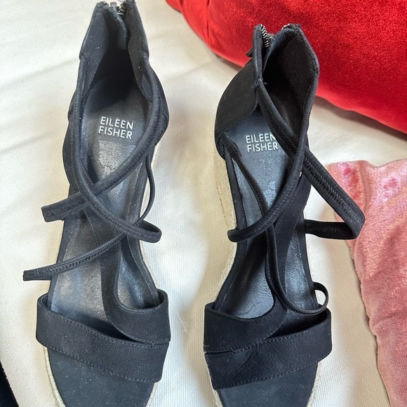 Eileen Fisher Black Wedge Sandals Espadrilles straps zipper back low heel  sz 8 - Picture 6 of 12